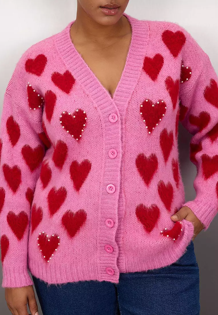 Plus Size Heart-Pearl Cardigan