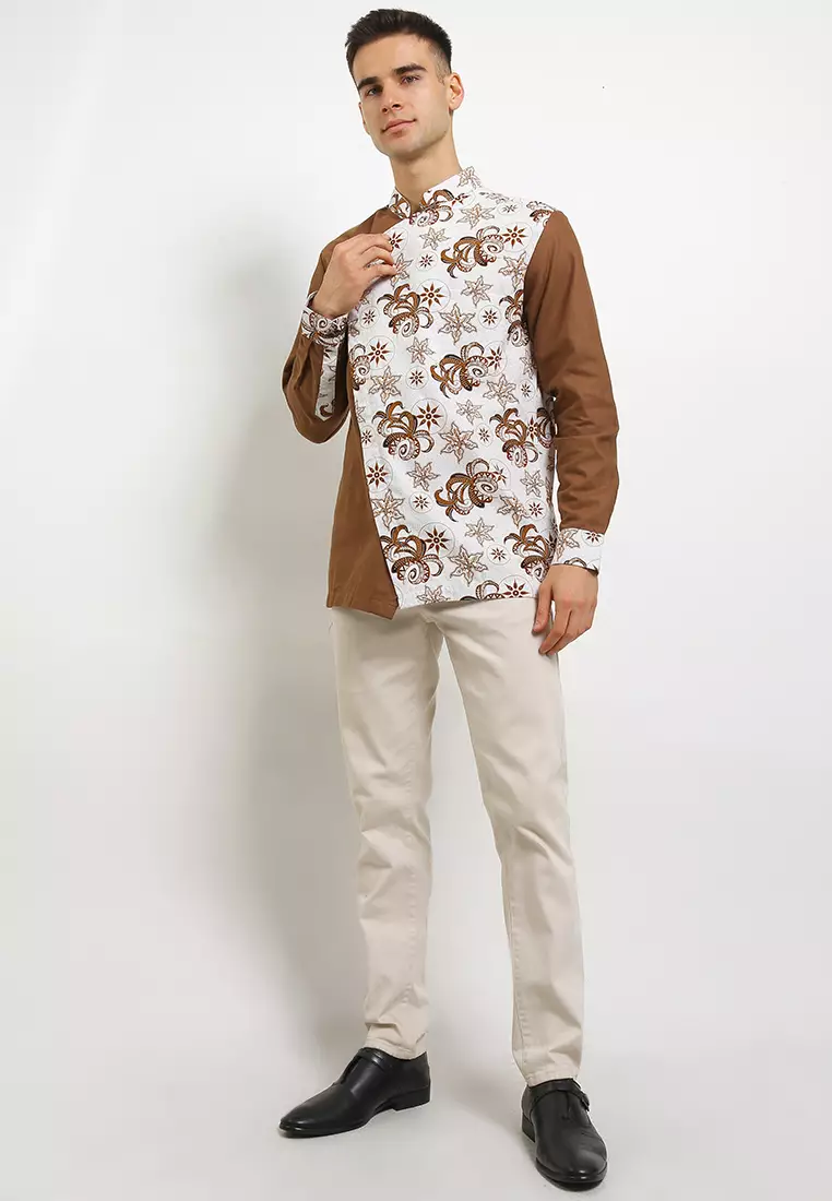 Kemeja Koko Batik Lengan Panjang Katun Premium Ammar White Brown