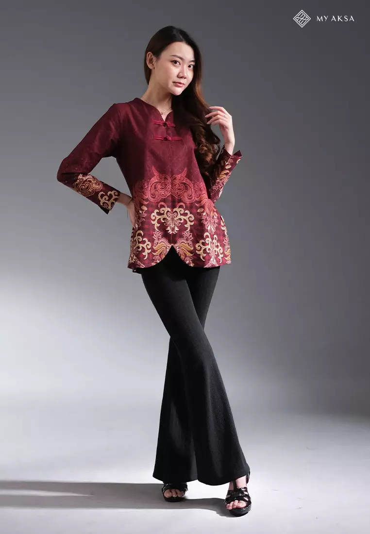 My Aksa Blouse Batik Wanita Lengan Panjang Sakya Maroon