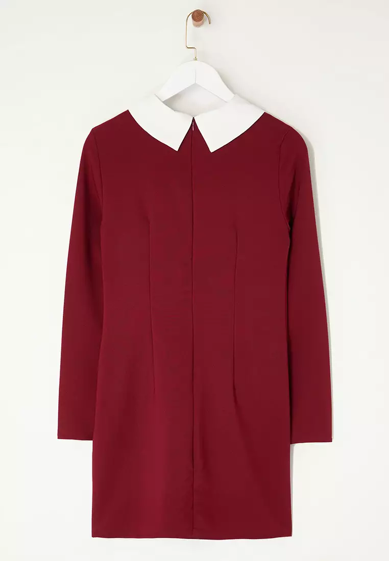 Burgundy Collar Detailed Woven Dress TWOAW24EL00298