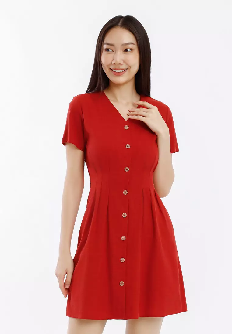 Forest Ladies Cotton Linen Dress Women Button Up V-Neck Dress - 885101-58BrickRed