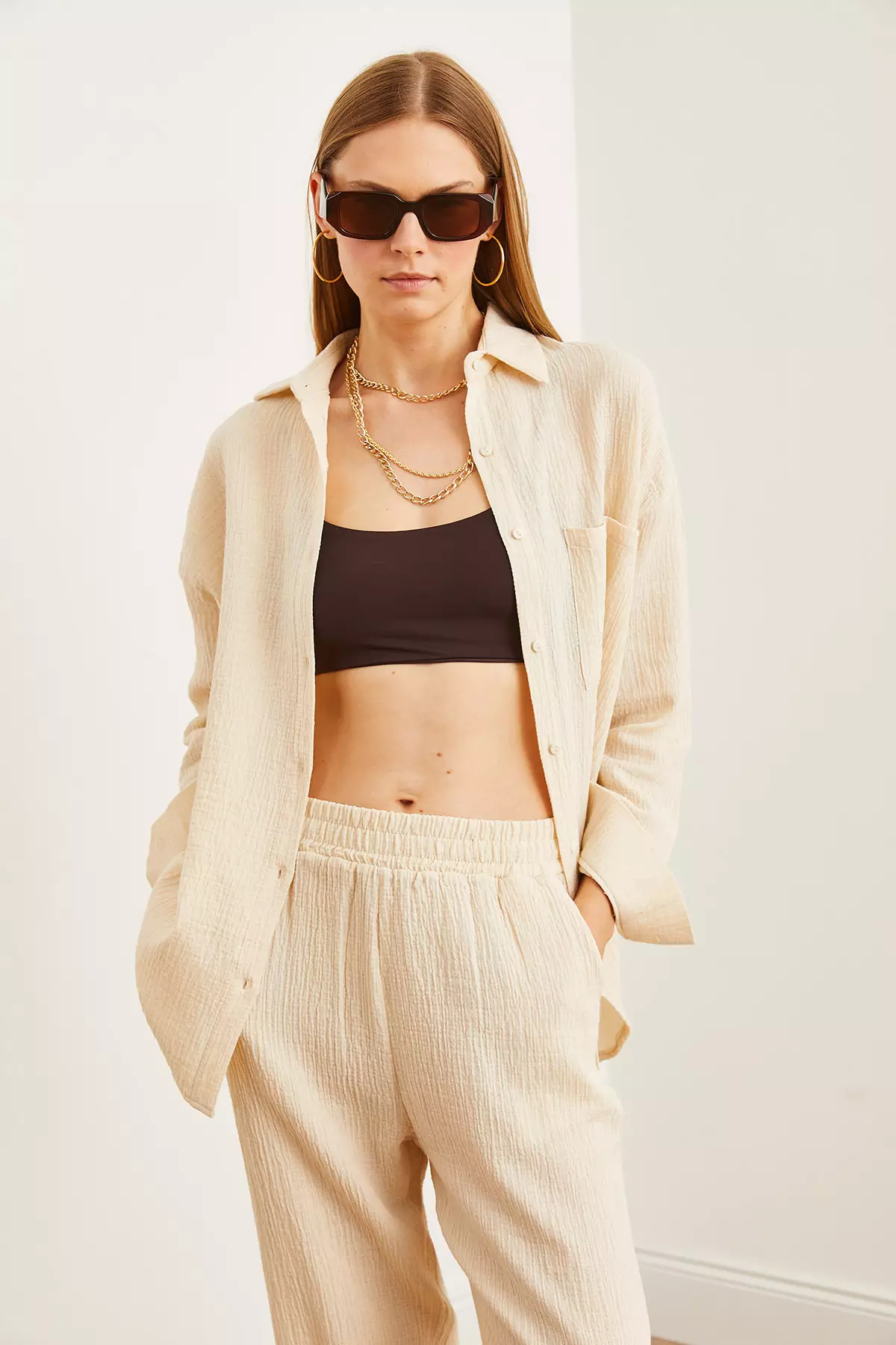 Oversize Stone Colored Women's Muslin Shirt - Gml- 19001217