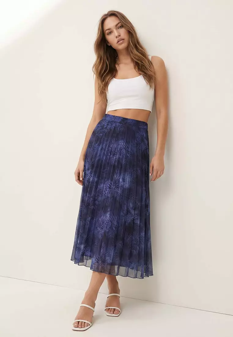 Navy Blue Patterned Lined Chiffon Pleated Midi Skirt Twoaw26Et142