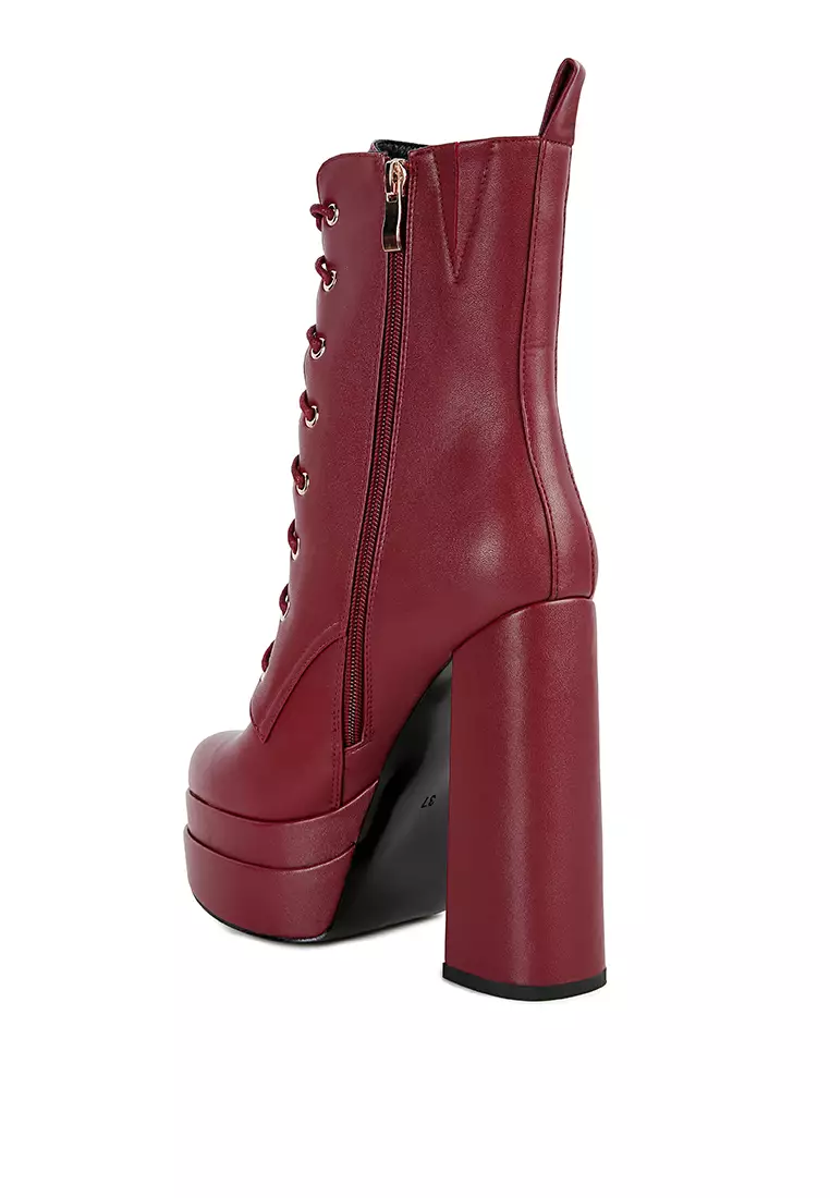 Burgundy Faux Leather High Heeled Ankle Boots