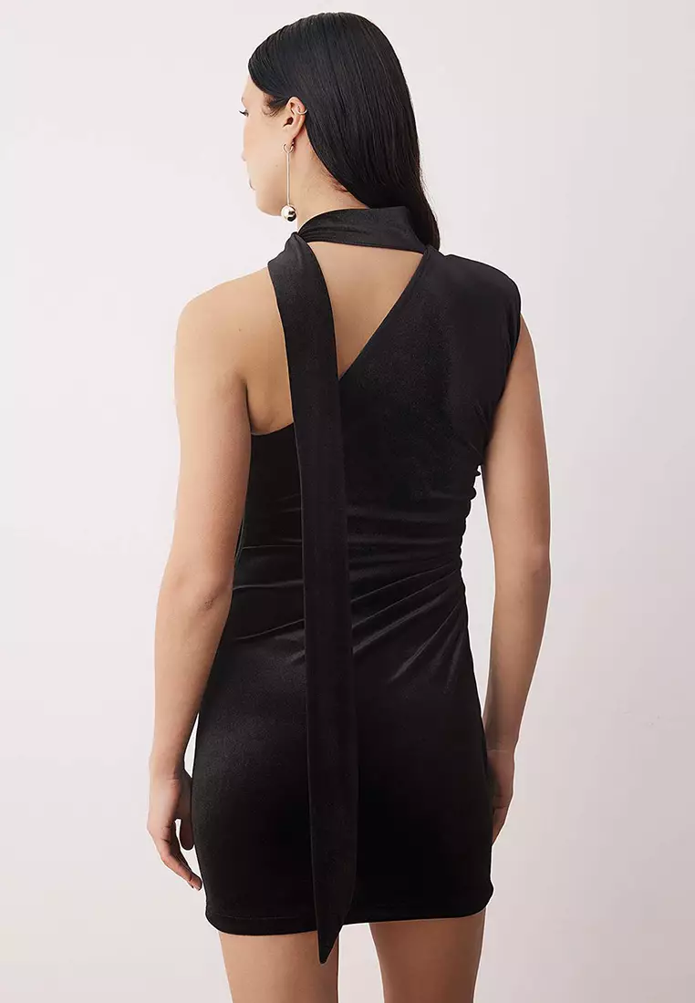 Black Velvet Knitted Stylish/Evening Dress With Scarf Detail