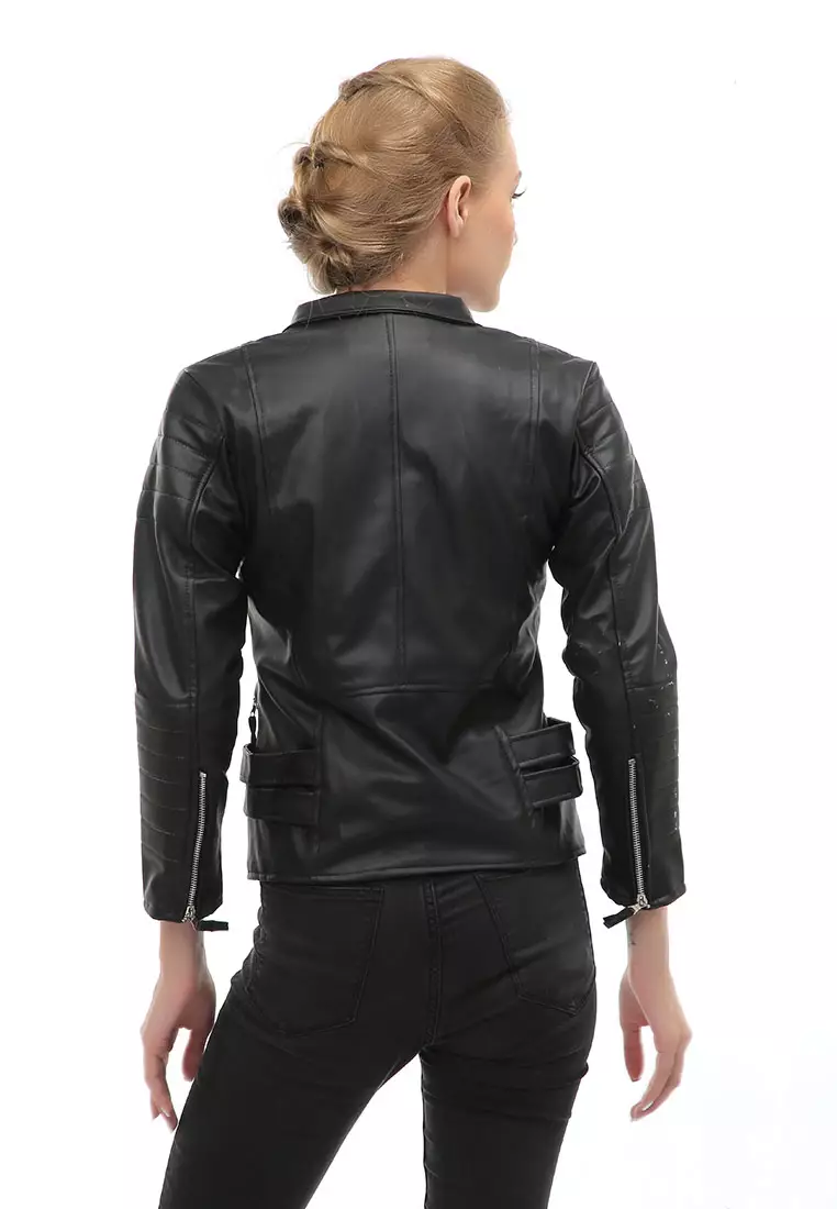 Glenice Jacket Outer Wanita Lengan Panjang Windproof Zipper Pocket Material Leather ORIGINAL