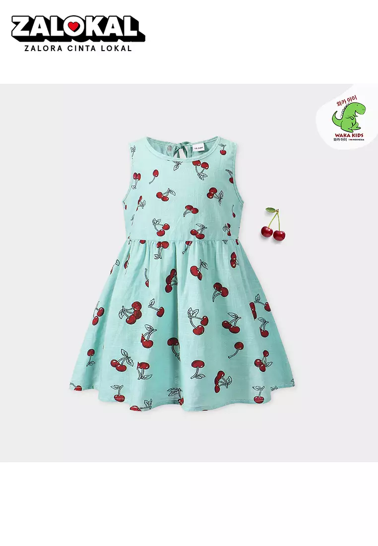 Wakakids Dress Anak Perempuan Tanpa Lengan Singlet Katun Motif Cherry Green 4418 YKS Venrz