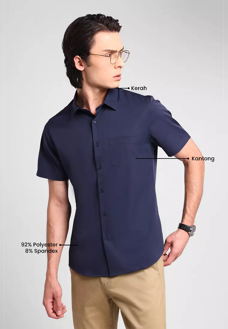 MANZONE -  Kemeja Lengan Pendek Pria Mino 03 Slim Fit - Navy Warna Navy