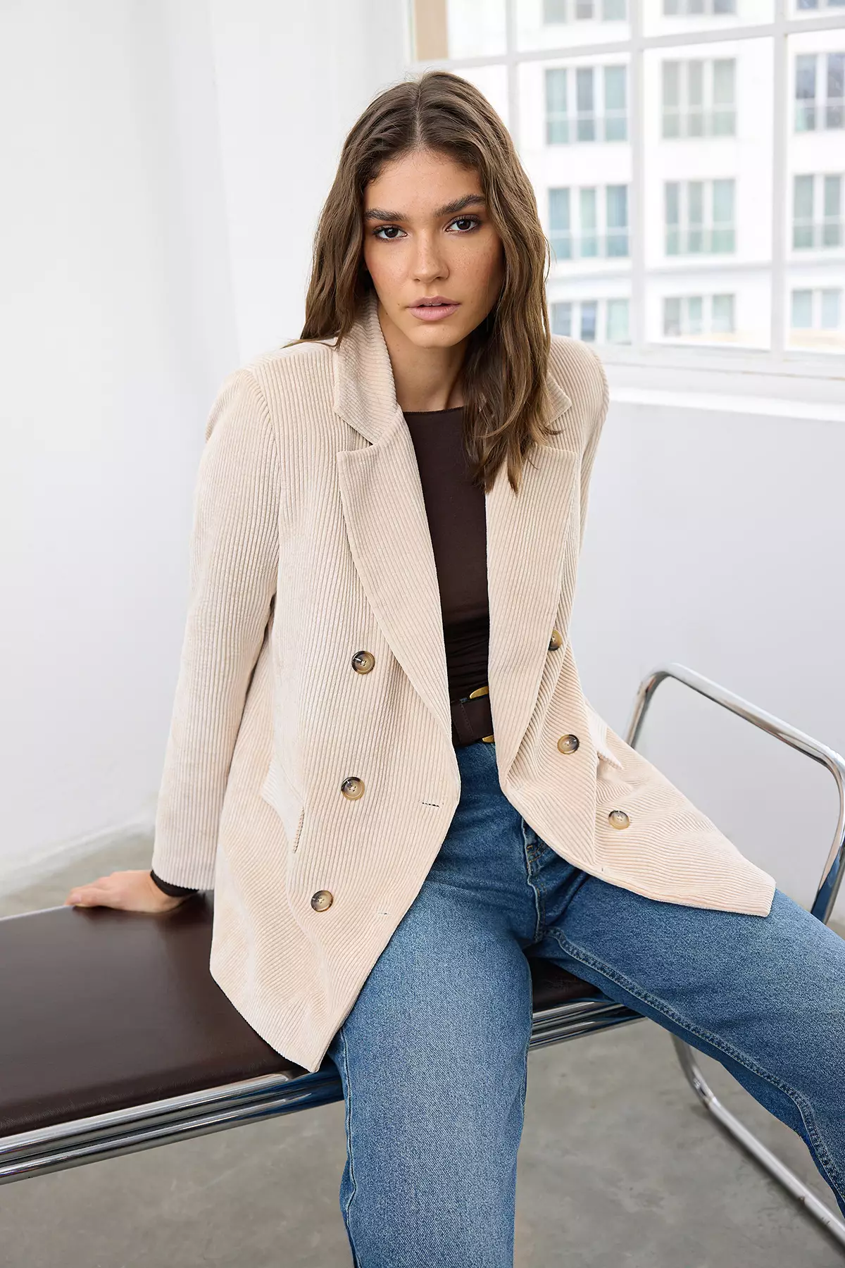 Stone Double Breasted Closure Relaxed Fit Woven Velvet Blazer Jacket