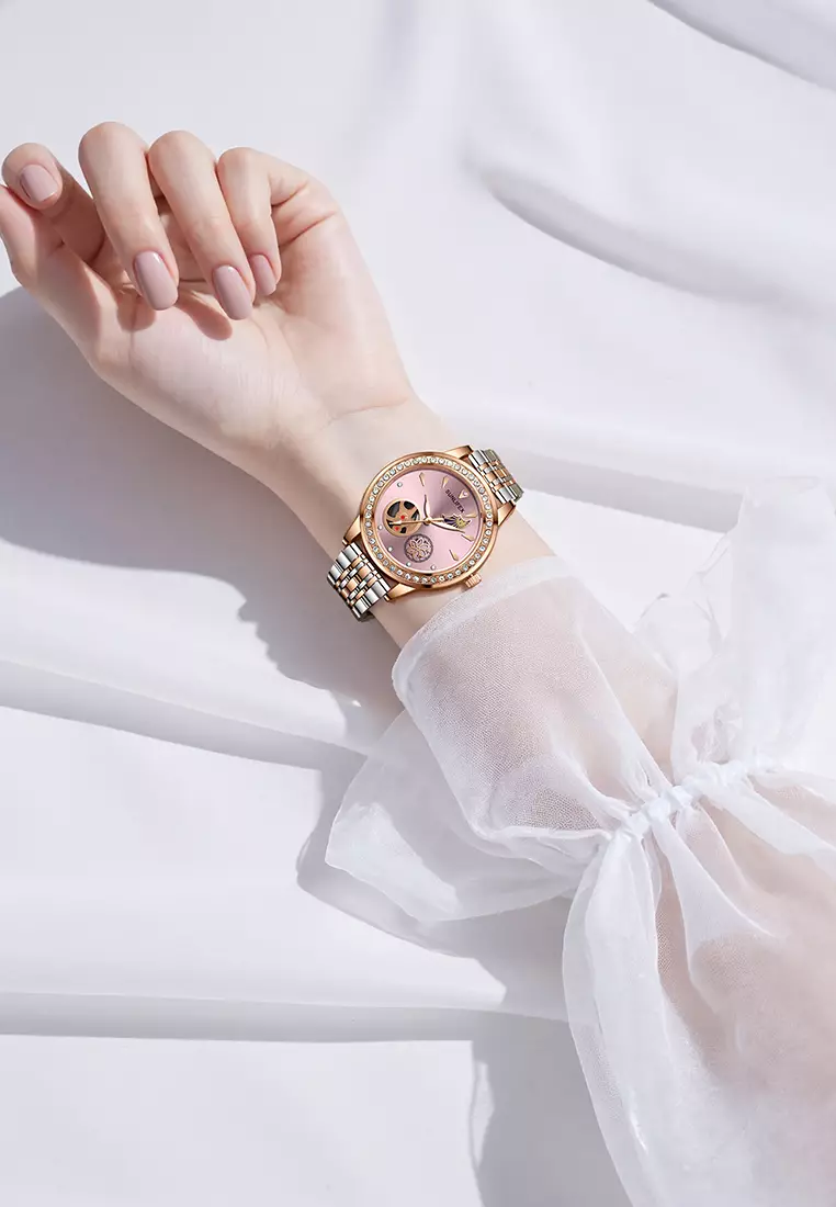 Jam Tangan Wanita E055 Korea Mewah Kuarsa Bercahaya Tali Paduan Jam Tangan Cewek Original pink