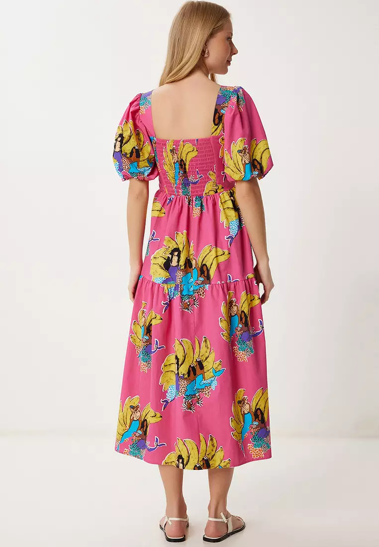 Women's Pink Yellow Patterned Summer Midi Poplin Dress Fk00017