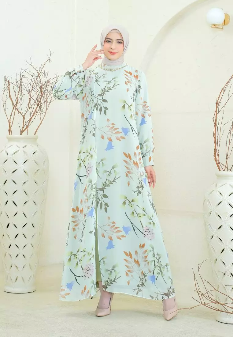 Sifon Moslem Leaf Print Two Layer In Soft Green By Brilliant Girl Warna HIJAU