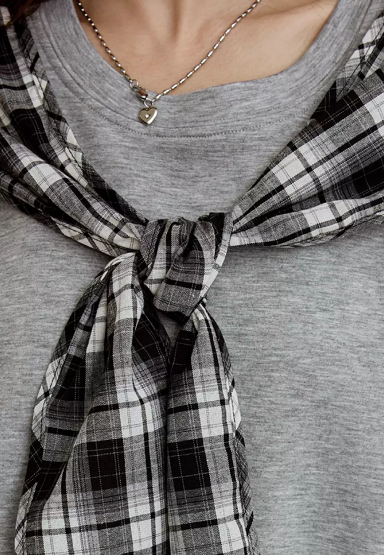 太空棉休閒領巾造型寬鬆短袖上衣《AB21054》