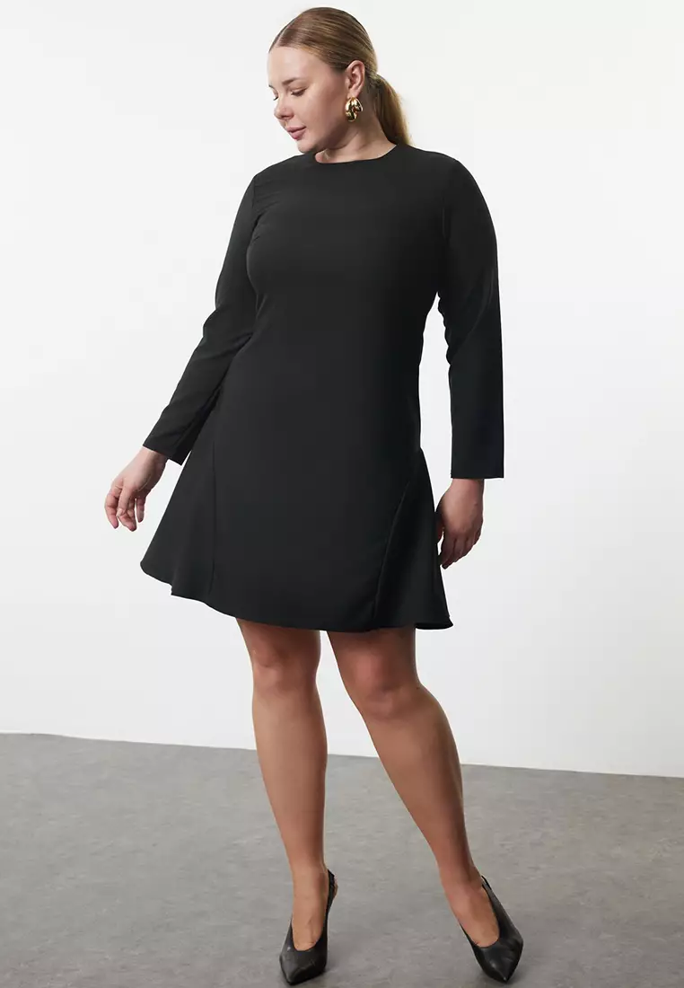 Black Basic Long Sleeve Hidden Zipper Mini Woven Plus Size Dress TBBAW25AH00054