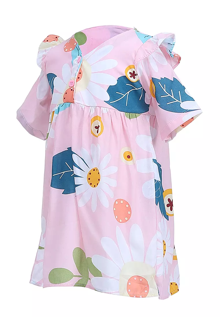 Octavia Blouse Anak Perempuan Tunik Lengan Pendek Motif Bunga Material Cotton ORIGINAL - Pink