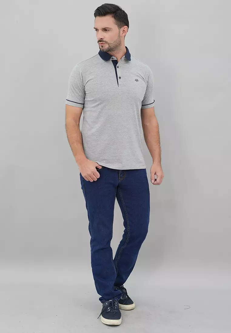 LGS - Kaos Casual Pria - Kaos Kerah Wangky - Kaos Polo Pria - Lengan Pendek - Polos Basic - Abu - Slim Fit - JWS.325.J3349F.39.C Katun Biru