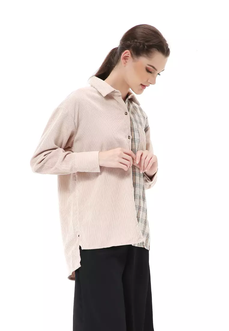 Brielle Atasan Wanita Kemeja Lengan Panjang Kombinasi Model Material Coduroy Polyester ORIGINAL - Apricot