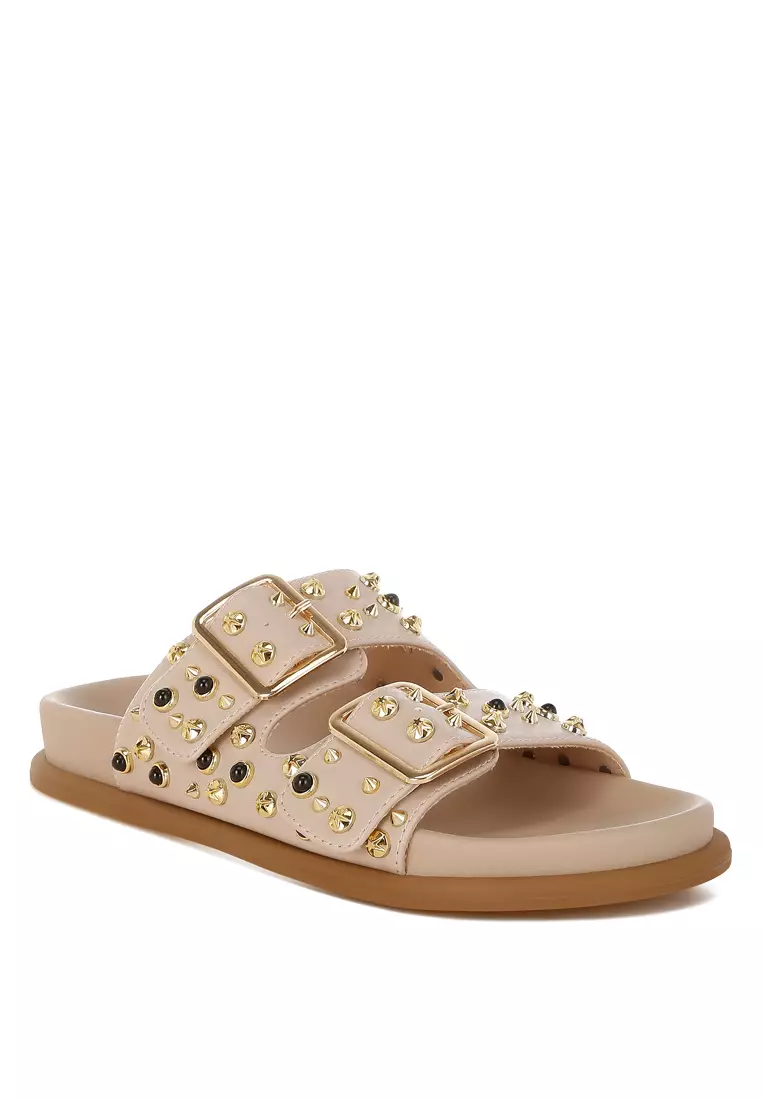 Metallic Stud Embellished Sliders In Beige