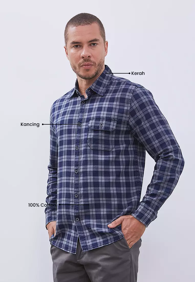MANZONE - Kemeja Lengan Panjang Pria Jasper Modern Fit - Navy Warna Navy