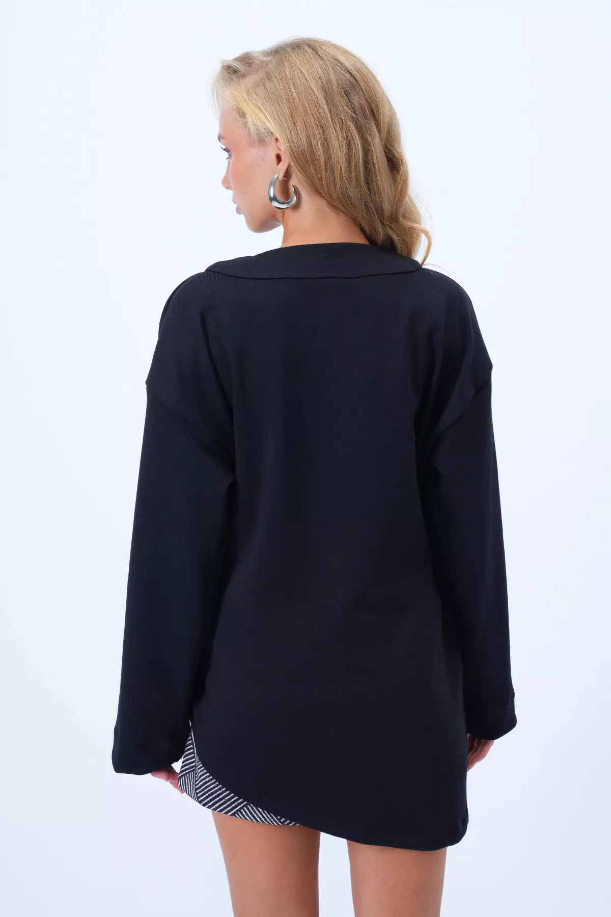 Women's Black Double-Breasted Asymmetric Cut Button Detailed Kimono Jacket Alc-X14411