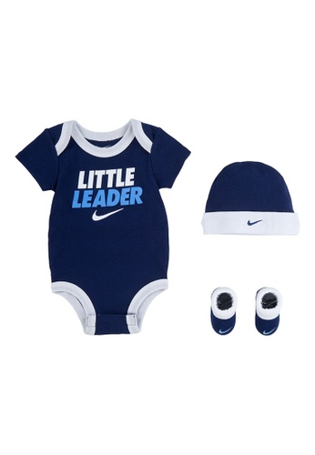 Nike blue Nike Unisex Newborn's Attitude Verbiage Bodysuit, Hat & Bootie Set (0 - 12 Months) - Blue Void 2F1B8KAA6A4311GS_1