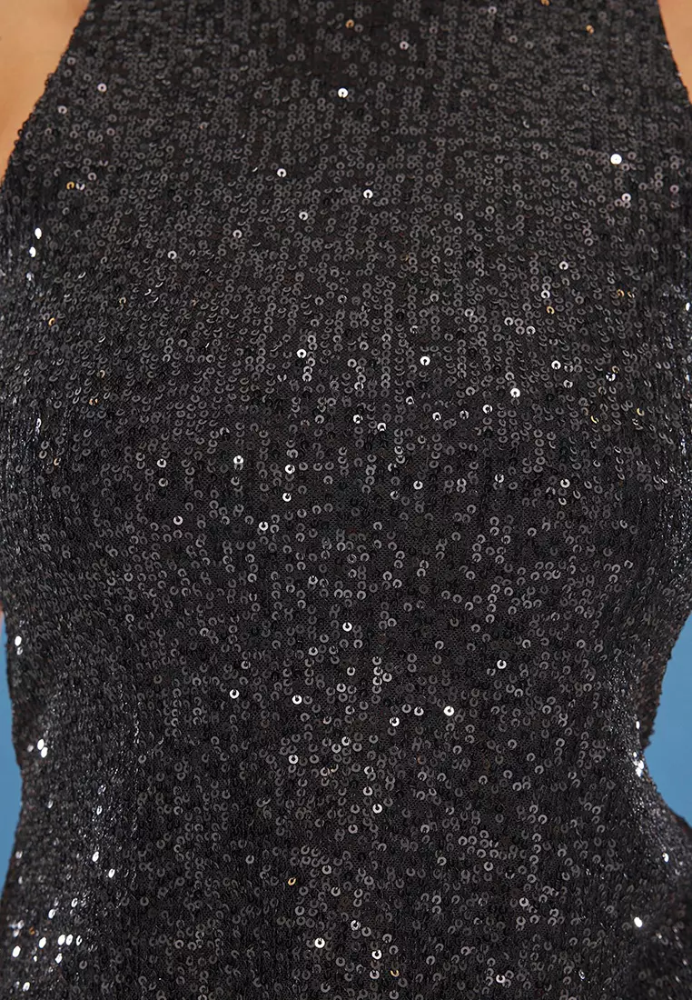 Black Back Detailed Glittery Sequin Knit Blouse Tprss25Bz00036