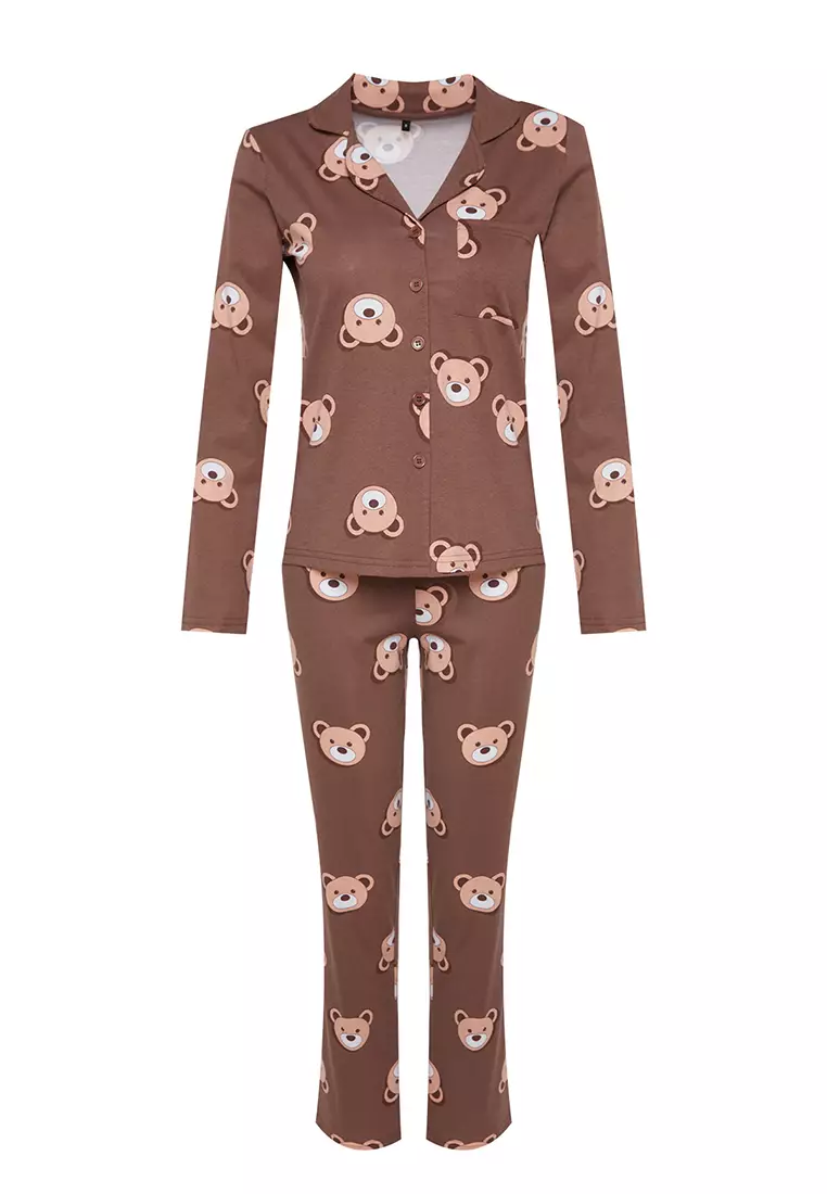 Brown 100% Cotton Teddy Bear Patterned Shirt-Pants Knitted Pajama Set Thmaw24Pt00002