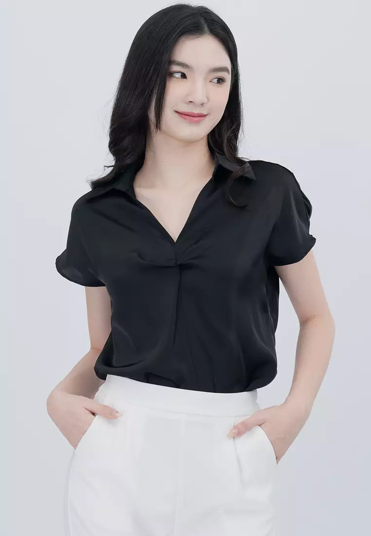 领口V领凉感面料衬衫上衣