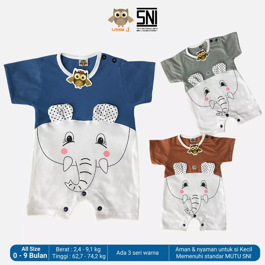 Little J - Playsuit - Baby Bodysuit Romper Bayi Baju Bayi - Motif Elephant Warna Hijau
