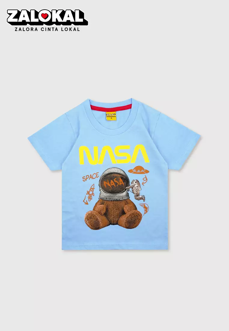 Wakakids Baju Anak Laki Laki Atasan Kaos Usia 3 Tahun Hingga 9 Tahun Oblong Lengan Pendek Motif Nasa Space 4195 Skats Biru Muda