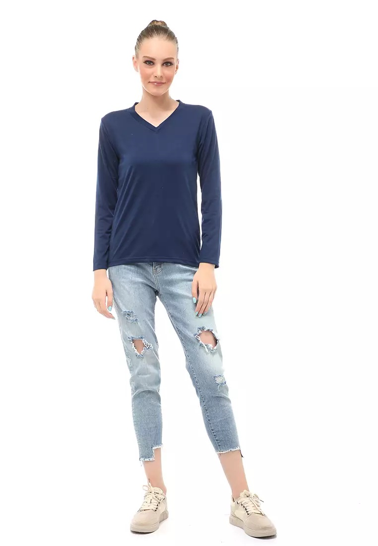 Kaos Polos Atasan Wanita V-Neck Lengan Panjang Design Simple Relaxed Fit - Navy