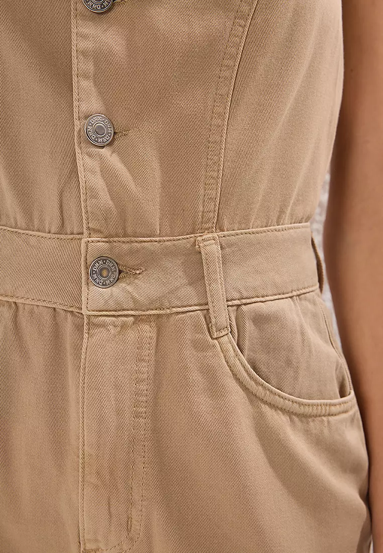 Beige Back Detailed Mini Denim Jumpsuit Twoss25Tu00064