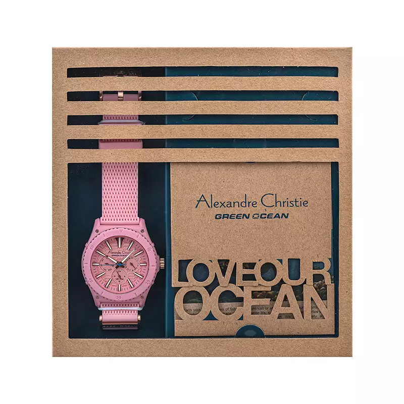 Jam Tangan Pria Alexandre Christie Green Ocean AC 6584 MF RRGPN Men Pink Dial Pink Rubber Strap