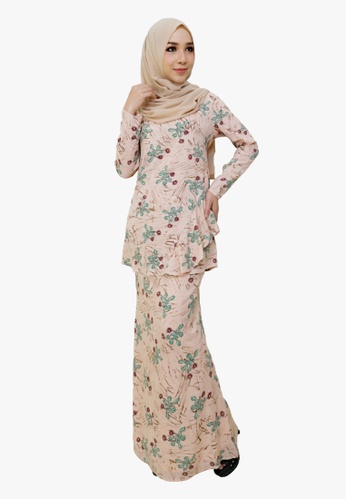 Floral Printed Kurung Moden from Zoe Arissa in Green and Beige
