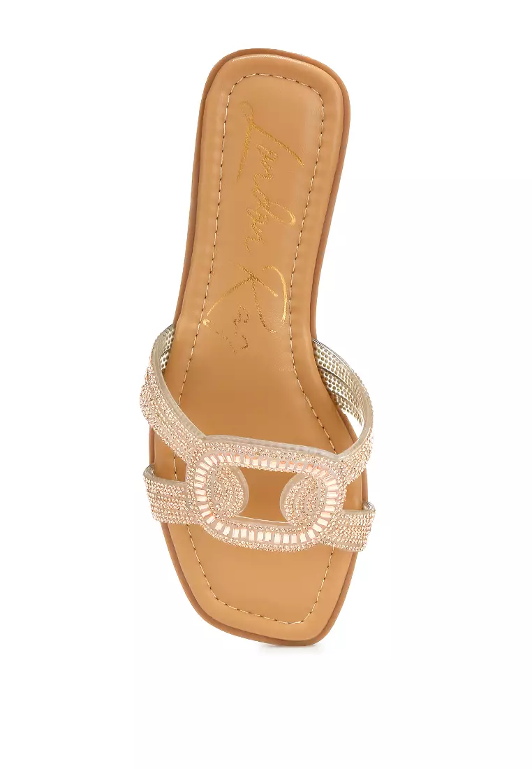 Rhinestones Embellished Flat Sandals in Rose Gold