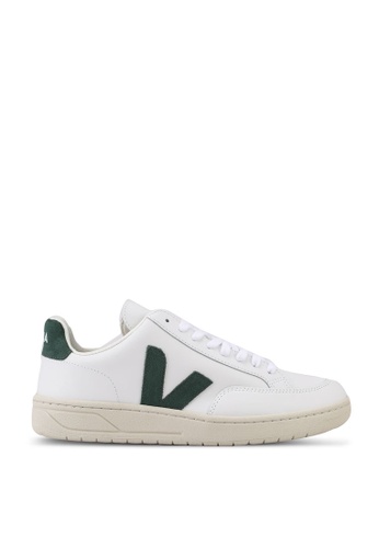 Veja white and green V-12 Leather Sneakers C30F5SH86C2DB7GS_1