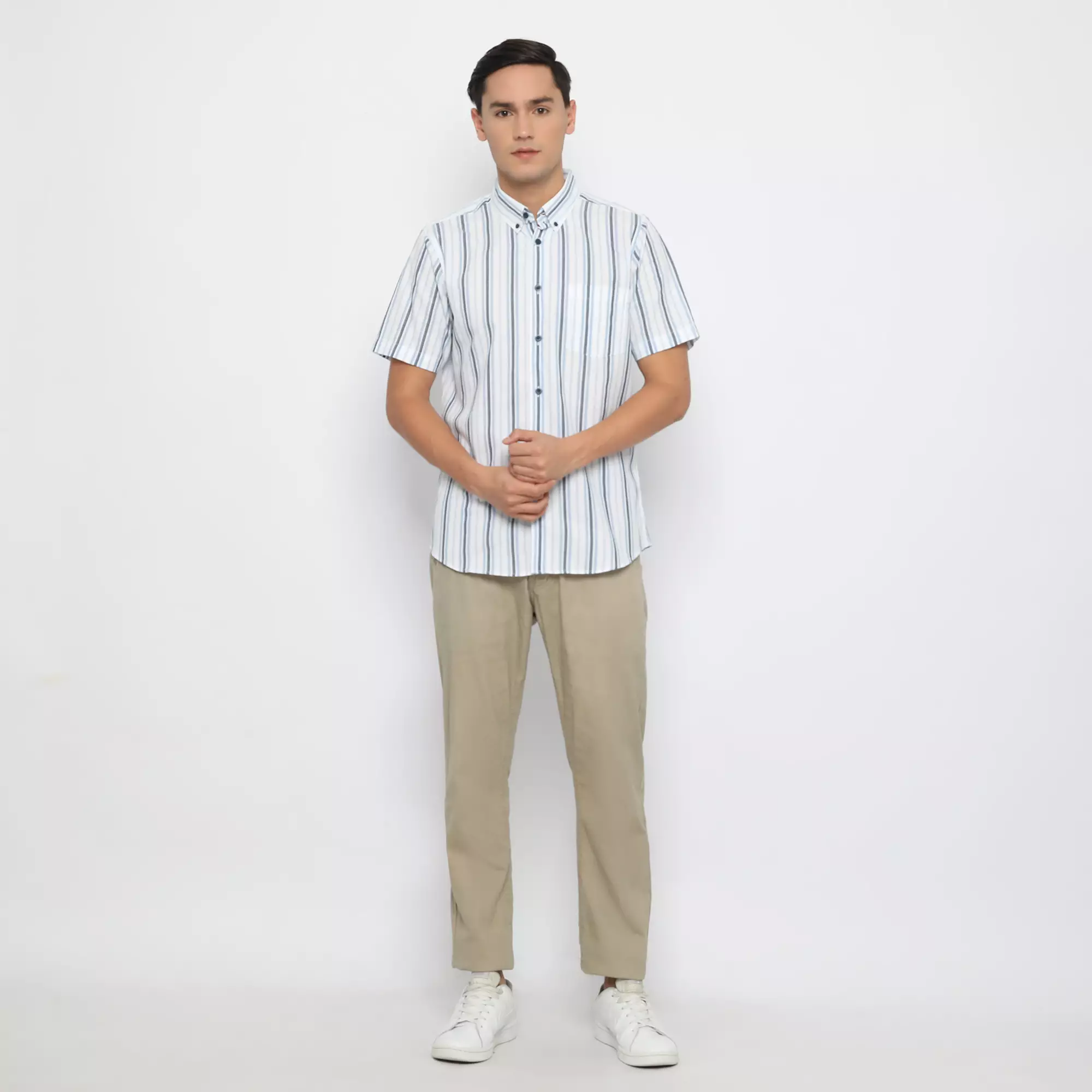 Platini Kemeja Garis Pria Lengan Pendek Katun Yarndyed Dobby 73295 Biru