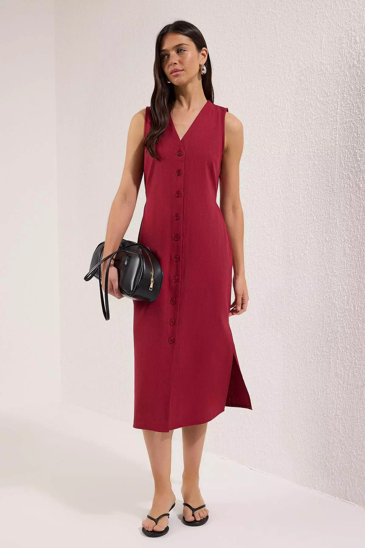 Buy Trendyol Wine Belted Linen Blend Midi Shirt Dress 2025 Online