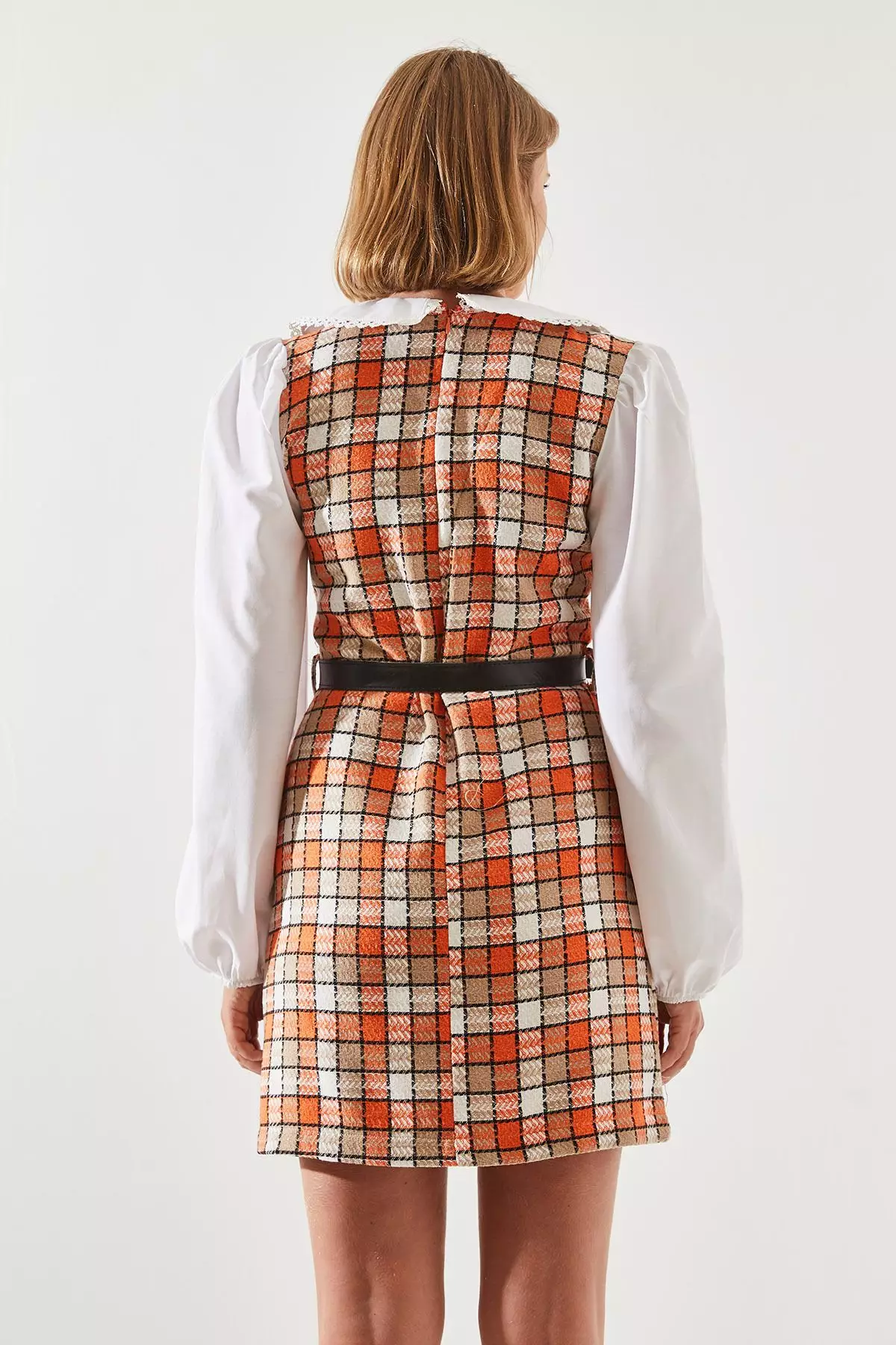 Women's Belted Plaid Patterned Collar Dress
