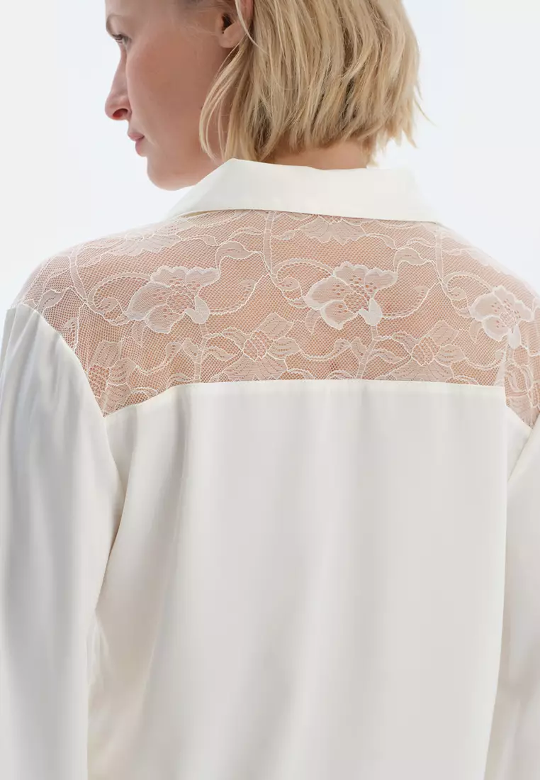 Off White Shirt, Shirt Collar, Regular, Long Sleeve Sleepwear for Women