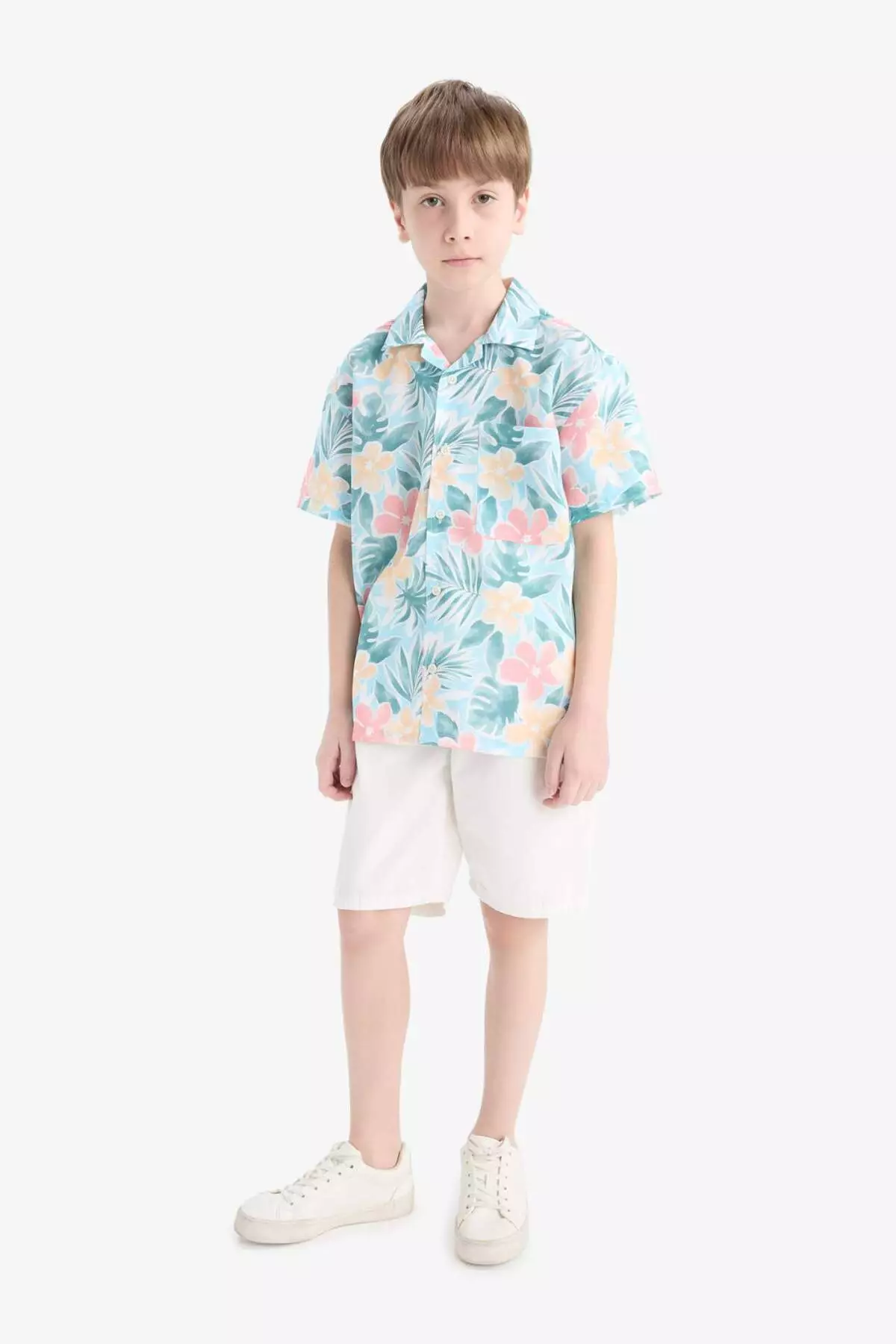 Boy's Oversize Wide Fit Polo Neck Patterned Cotton Short Sleeve Shirt E6653A825Hs