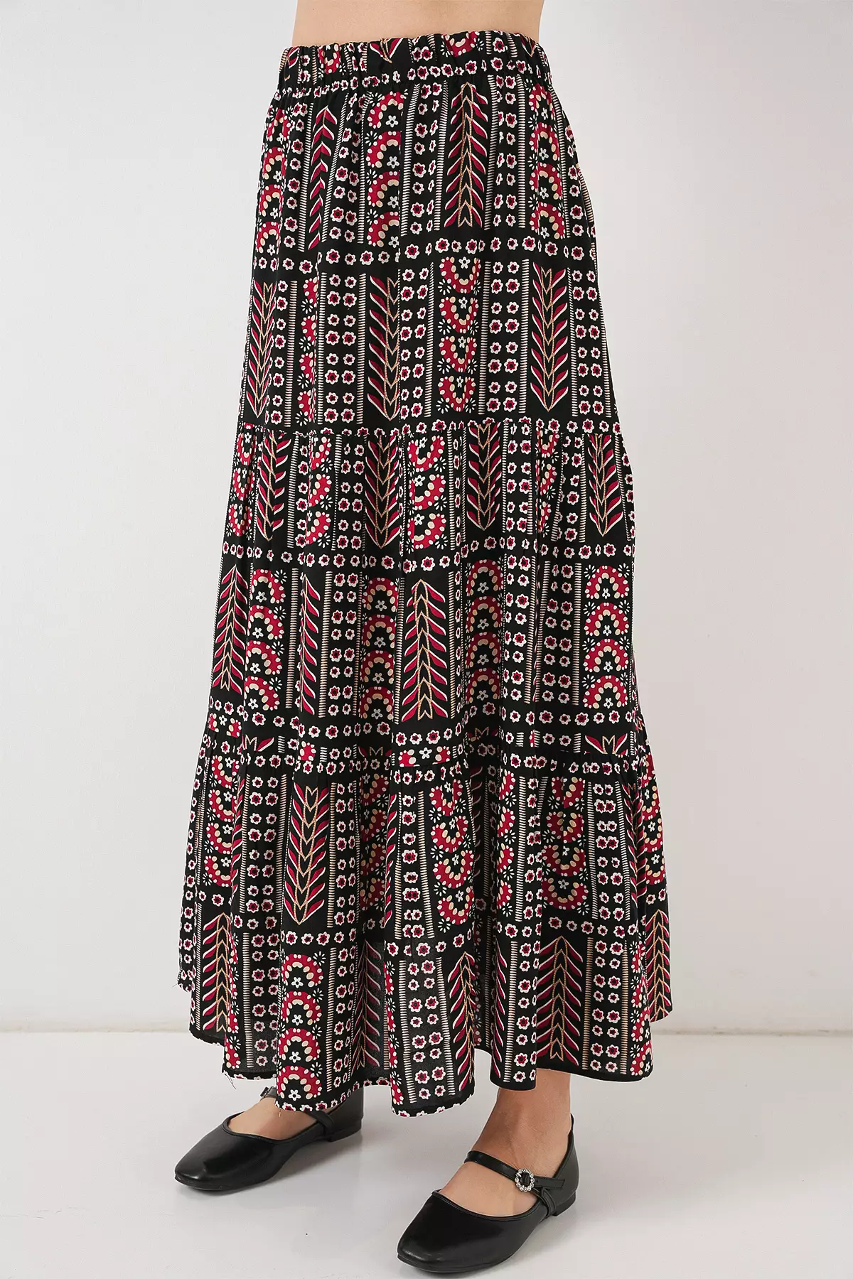 Women's Patterned Long Skirt 8053 - Black