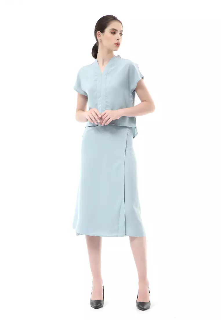 Nayra Setelan Baju & Rok Wanita One Set Adjustable Short Sleeve Material Dolce ORIGINAL - Blue Mint