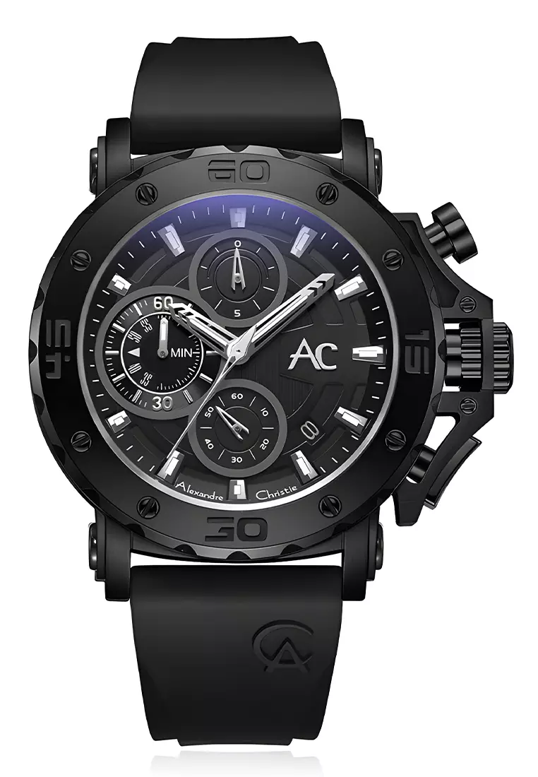 Alexandre Christie Collection - Jam Tangan Chronograph Pria - Black Case - Black Rubber Strap - 9205MCREPBA