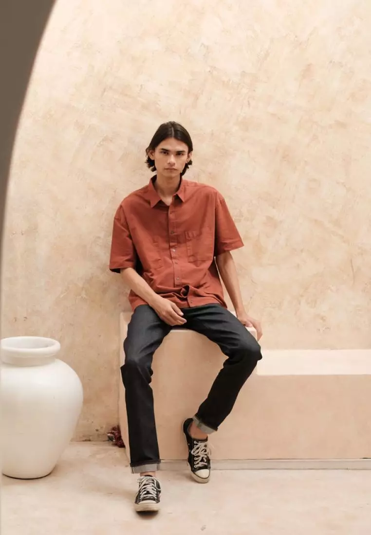 Larusso Kemeja Pria Basic Oversize Rami Pendek - Orange Brick M007
