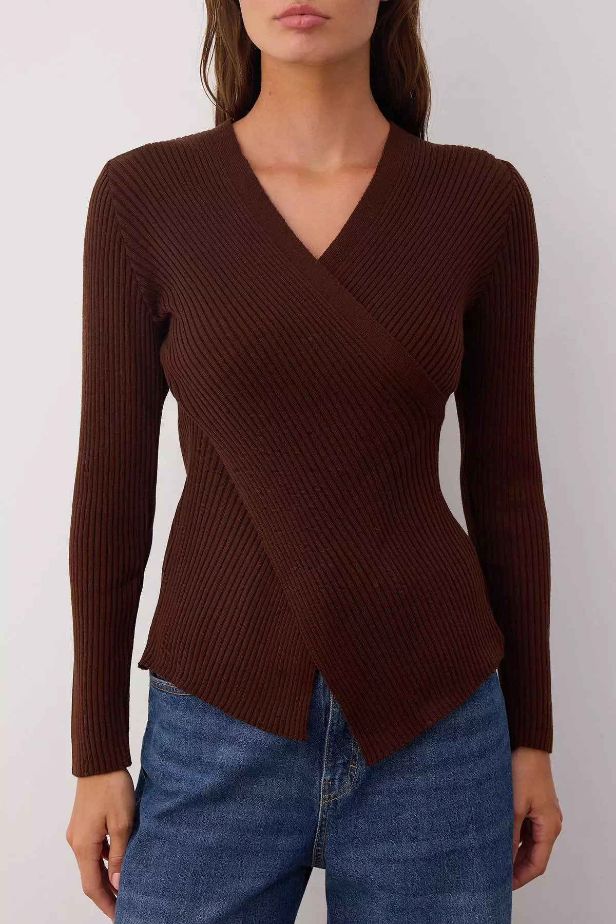 Brown*001 Fitted Plain Double Breasted Thin Knit Sweater Twoaw26Kz00178