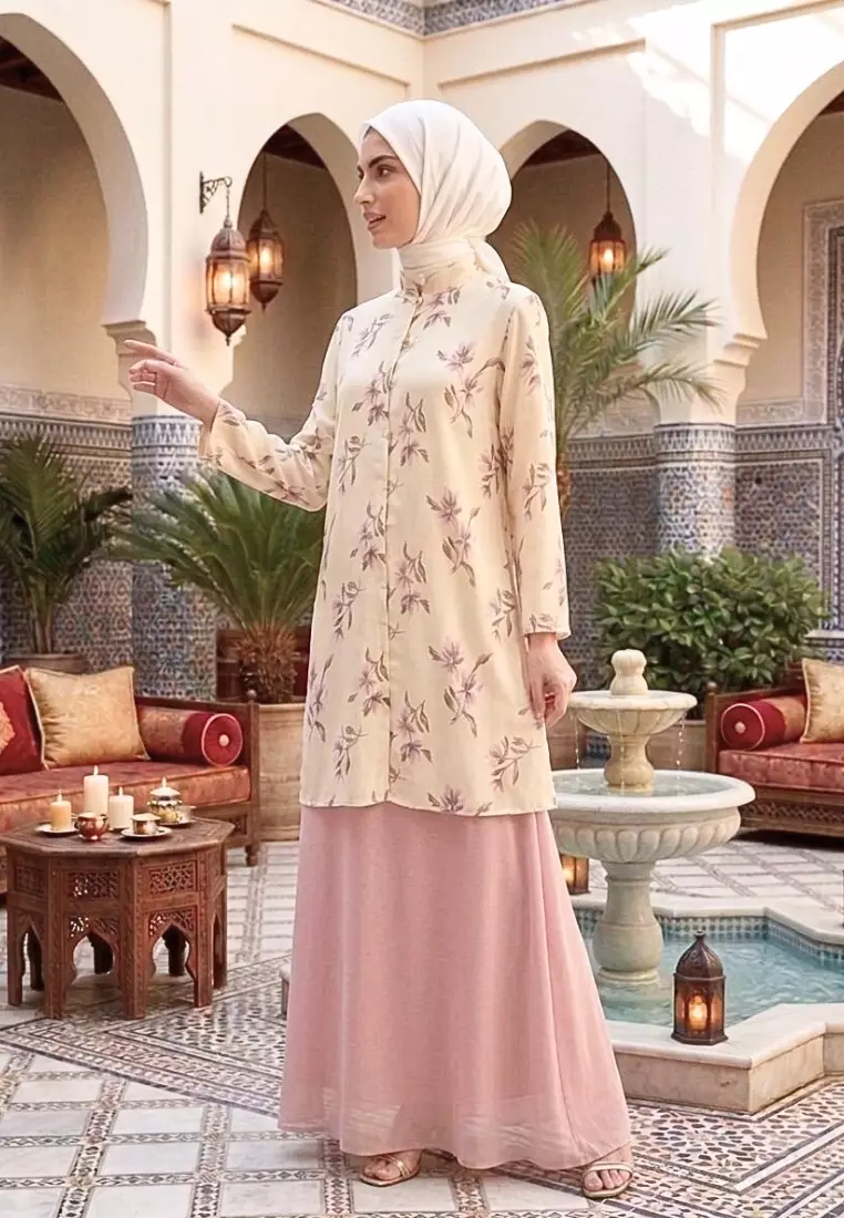 Tunik wanita butter yellow motif bunga elegan lengan 7/8 blouse muslimah premium style turki korean modest fashion By Brilliant Girl Warna KUNING