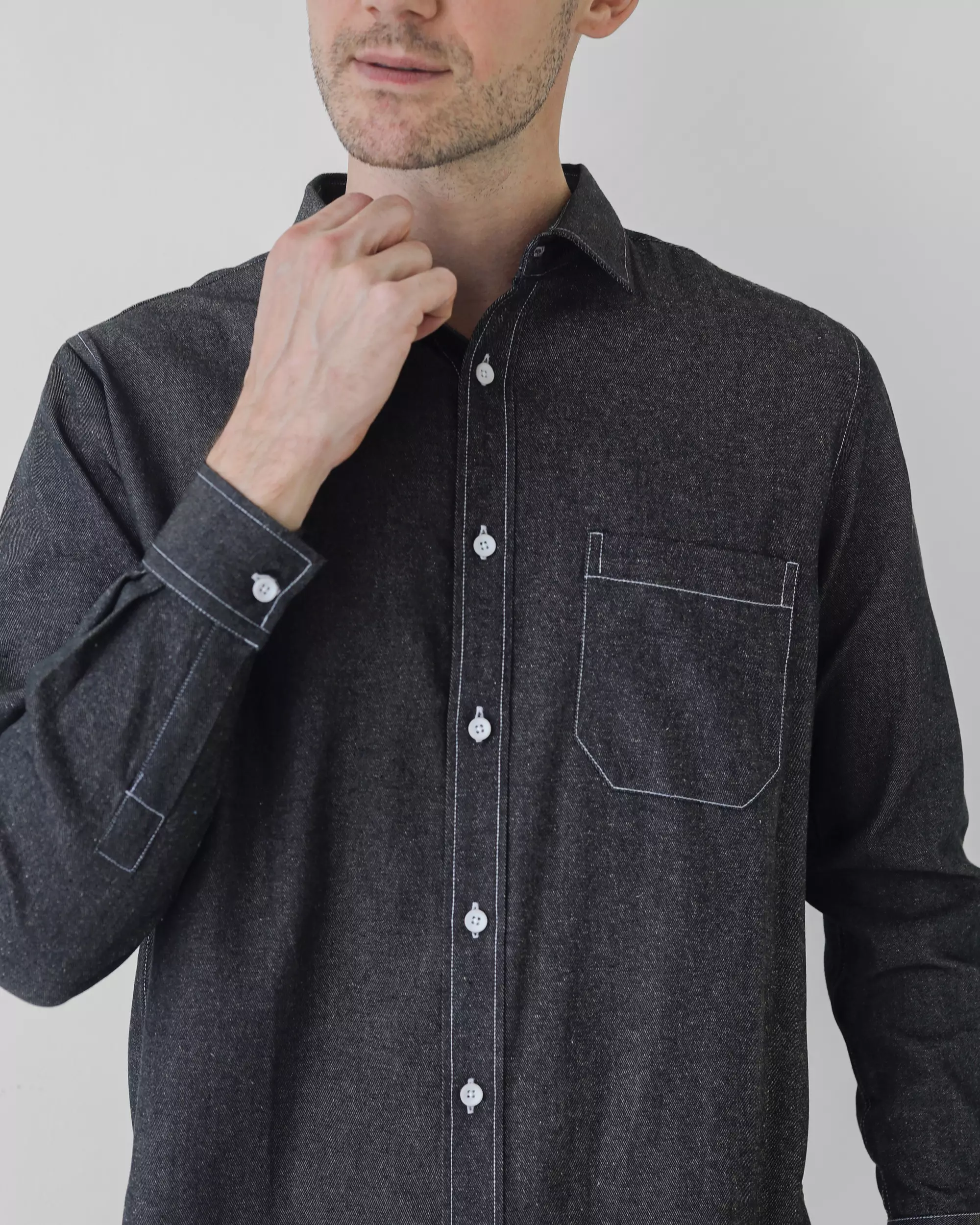 Cotton Well Light Denim Series in Washed Black | Kemeja Lengan Panjang Denim Hitam