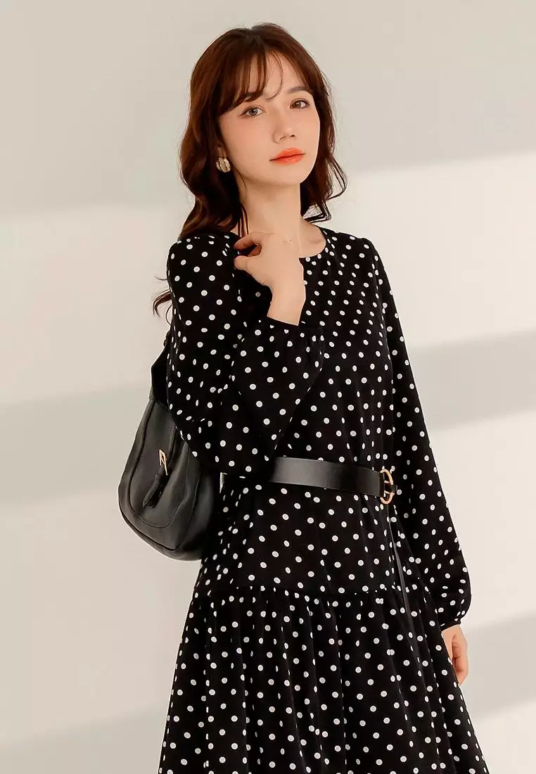 Vintage Polka Dot Low-Waist Flared Long Sleeve Maxi Dress – Mori Style [DA10210]