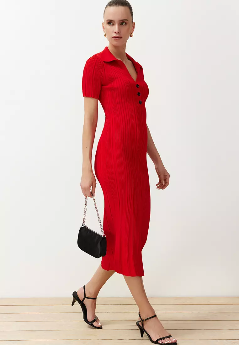 Red Plain Maxi Maxi Knitwear Polo Neck Knitwear Dress TWOSS24EL00282